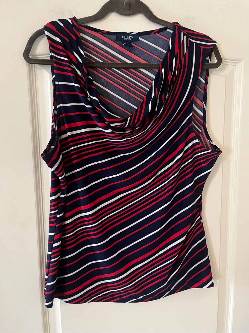 Chaps Women's Navy Stripe Draped Neck Sleeveless Blouse Size XL